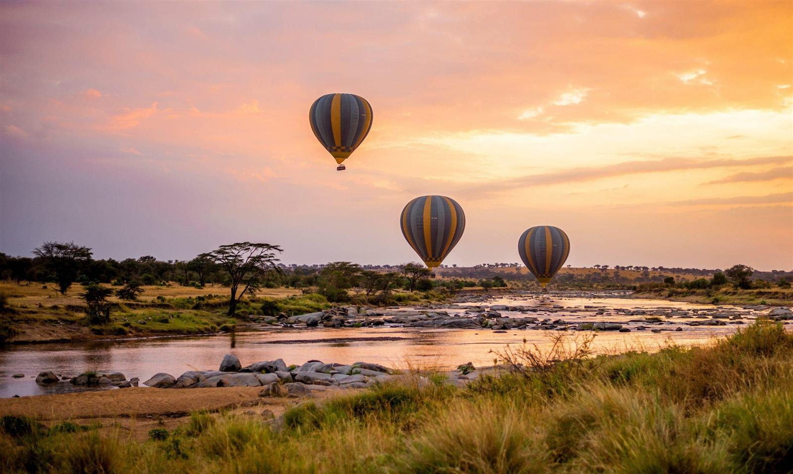 Hot-air balloons over the Serengeti at sunrise
