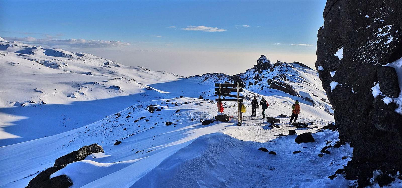 Trekkers on the snowy summit ridge of Kilimanjaro