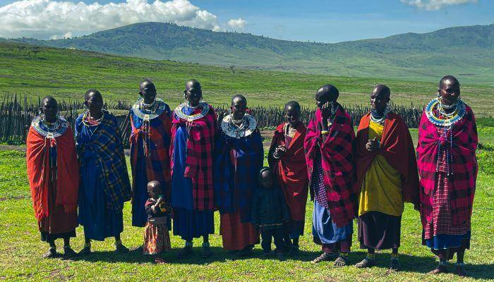 Maasai women in red and blue shukas